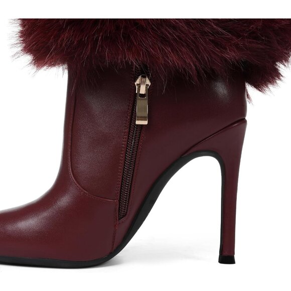 Women's B-Wine Red Suede Fur Knee High Heels Wide Calf Fold Fashion Boots Shoes - Picture 2 of 7